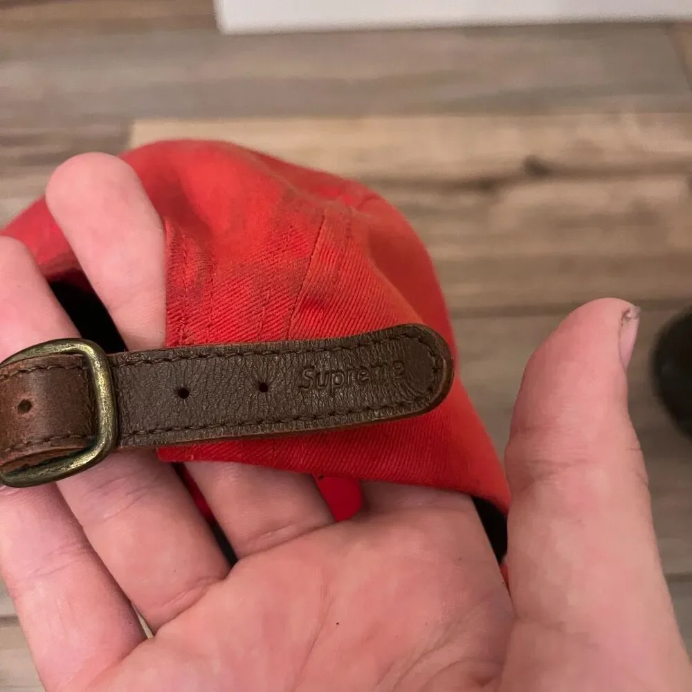 Supreme 5 Panel Camp Leather Strapback Cap Hat Solid Red Box Logo One Size